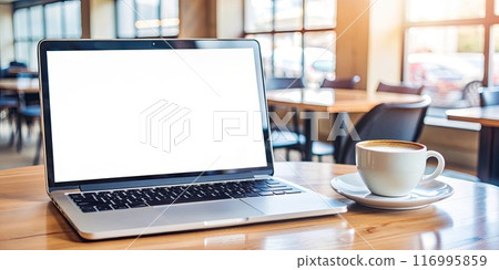 realistic mockup image of a laptop with a blank screen on a wooden table. Laptop Mockup: Blank Screen Display on Elegant Wooden Desk for Design Presentations 116995859
