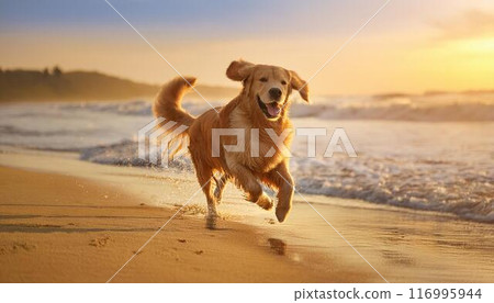 黃金獵犬在海灘上奔跑 116995944
