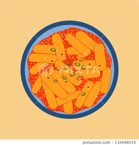 Korean tteokbokki dish vector illustration. Popular delicious South Korean spicy street food with rice cakes in red broth. Traditional asian cuisine meal on colored background, modern style drawing Korean tteokbokki dish vector illustration. Popular delicious South Korean spicy street food with rice cakes in red broth. Traditional asian cuisine meal on colored background, modern style drawing 116996019