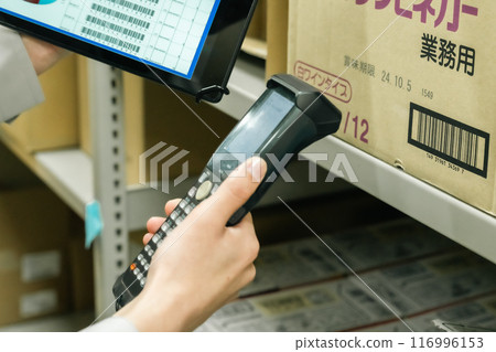 Young woman managing inventory while scanning Faceless Young woman managing inventory while scanning Faceless 116996153