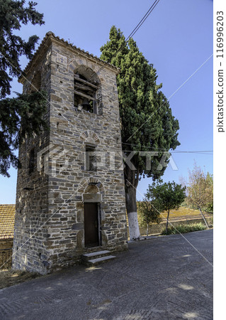 Greece, Nikiti, Bell tower of the Orthodox Church of Saint Nikitas in the old town 116996203