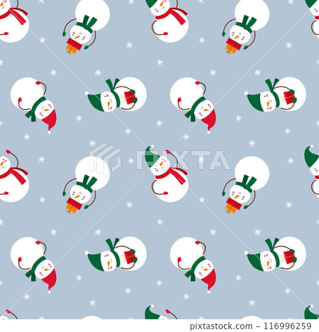 Seamless pattern with funny snowmen on blue background simple cartoon style. Vector illustration for Christmas and New Year holidays. 116996259
