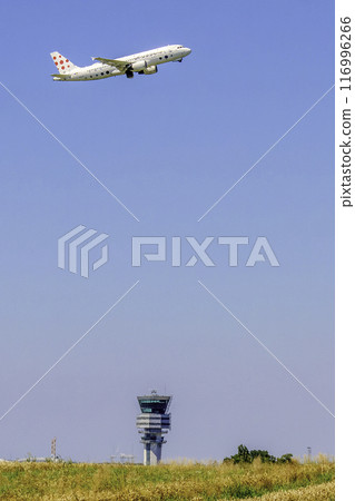 Belgium, Zaventem, Brussels Airlines plane above the control tower after takeoff from Brussels Airport 116996266