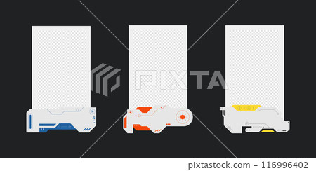 Abstract sci-fi frame. Hud interface design style. Digital futuristic frame element. Cyberpunk style. Design for banner, card, player card game, background. Abstract sci-fi frame. Hud interface design style. Digital futuristic frame element. Cyberpunk style. Design for banner, card, player card game, background. 116996402