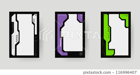 Abstract sci-fi frame. Hud interface design style. Digital futuristic frame element. Cyberpunk style. Design for banner, card, player card game, background. 116996407