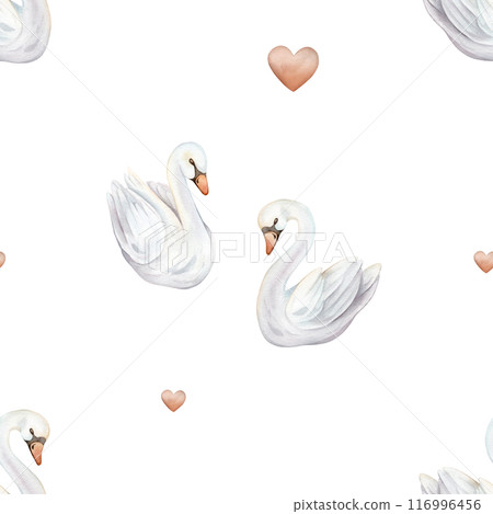 Watercolor seamless pattern with couple of cute swans in love. Hand painted illustration isolated on white background. For textile of white pastel colors bird and red hearts. 116996456