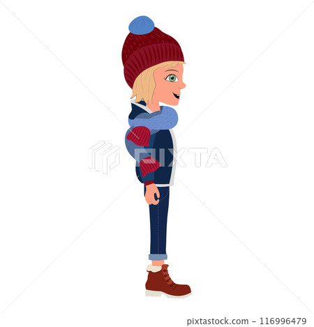 Flat Vector Illustration of Kid Boy Wearing Winter Clothes, Cartoon Character Set For Animation, Various Views, Poses and Gestures. Item 2 116996479