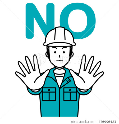A male worker holds his hands out in front of him and says NO A male worker holds his hands out in front of him and says NO 116996483