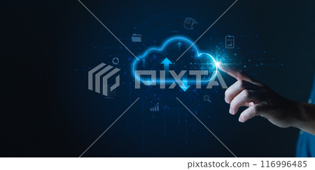 Cloud computing diagram show on hand.Data storage.the use of online digital network technology in business, online digital marketplace.Cloud tech system sharing management for upload download transfer 116996485