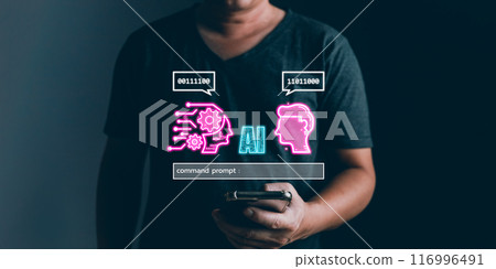 man holding command prompt ai chat. Big data storage computer tech.Digital Artificial Intelligence (AI) technology disruption concept. We are implementing storage technology support in the business. 116996491