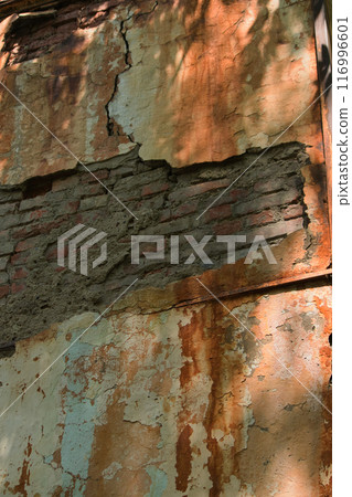 wall of an old large chimney, close-up wall with rusty smudges and a green bush nearby 116996601