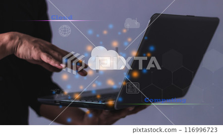 Young Man holding laptop computer notebook and cloud computing diagram in hand, Data storage, Cloud technology, Cloud Computing Storage Young Man holding laptop computer notebook and cloud computing diagram in hand, Data storage, Cloud technology, Cloud Computing Storage 116996723