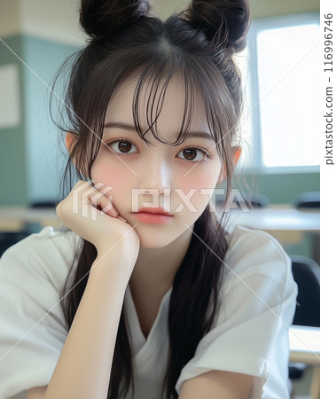 一位年輕的日本女性在課堂上思考的肖像 一位年輕的日本女性在課堂上思考的肖像 116996746