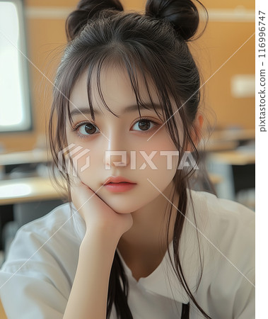 一位年輕的日本女性在課堂上思考的肖像 116996747