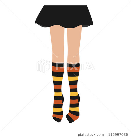 Women legs in striped black and orange socks. October image for Halloween holiday party. Vector design element. 116997086