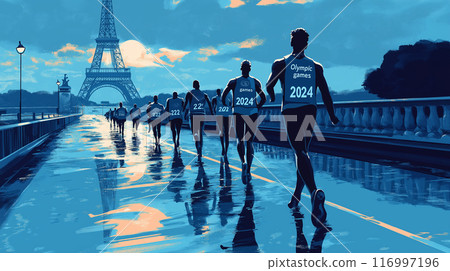Runners Participate in Olympic Games Event Near Eiffel Tower in Paris, France, During Summer of 2024 116997196