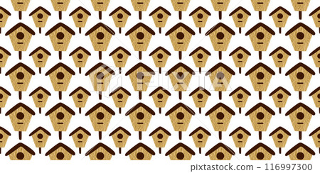 Wooden Cartoon Birdhouses Seamless pattern. Vector Flat Illustration for Decoration, Background, Template, Wallpaper, Wrapping Paper, Cover. Nest and birdwatching, Spring Backdrop Wooden Cartoon Birdhouses Seamless pattern. Vector Flat Illustration for Decoration, Background, Template, Wallpaper, Wrapping Paper, Cover. Nest and birdwatching, Spring Backdrop 116997300
