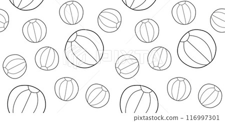 Black line Beach ball icon isolated seamless pattern on White background. Vector Doodle Illustration for Textile or Fabric Print Template. Summertime Vacation Concept, Recreation and Sport Black line Beach ball icon isolated seamless pattern on White background. Vector Doodle Illustration for Textile or Fabric Print Template. Summertime Vacation Concept, Recreation and Sport 116997301