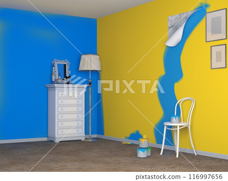 image captures a room with newly painted bright walls, 116997656