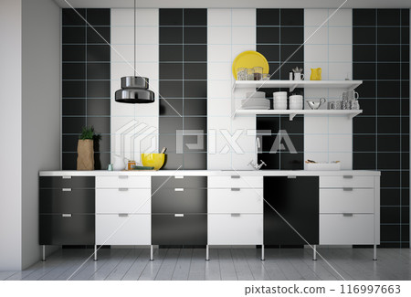 A kitchen with black and white cabinets, A kitchen with black and white cabinets, 116997663