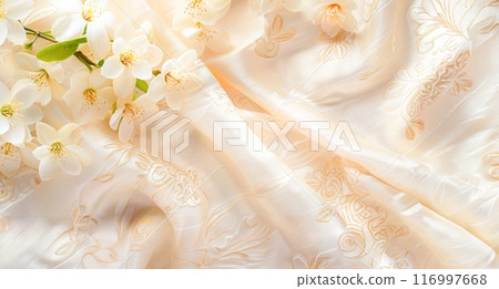 Cascading onto an ivory silk fabric with delicate floral embroidery, a cluster of pristine white blossoms exudes elegance and grace, inviting a sense of serenity and romance. 116997668