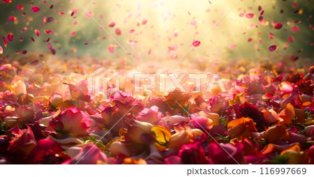 A shower of colorful rose petals falls gently upon a bed of multi-colored blossoms, bathed in the warm glow of sunlight. 116997669
