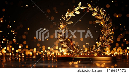 A golden laurel wreath, symbolizing victory and achievement, rests on a pedestal amidst a shower of sparkling golden confetti. 116997670