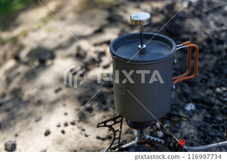 French Press Coffee Brewing in the Wilderness French Press Coffee Brewing in the Wilderness 116997734