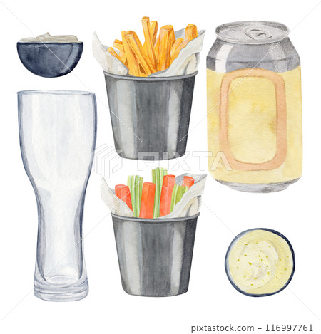 Set with glass, beer can, snack bucket of French fries, carrot and celery, cups of sauce Set with glass, beer can, snack bucket of French fries, carrot and celery, cups of sauce 116997761