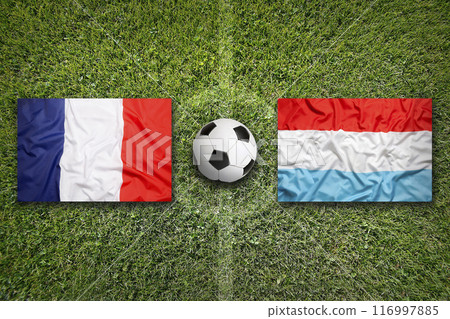France vs. Luxembourg flags on soccer field 116997885