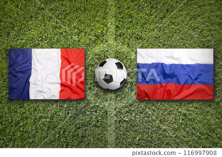France vs. Russia flags on soccer field 116997908