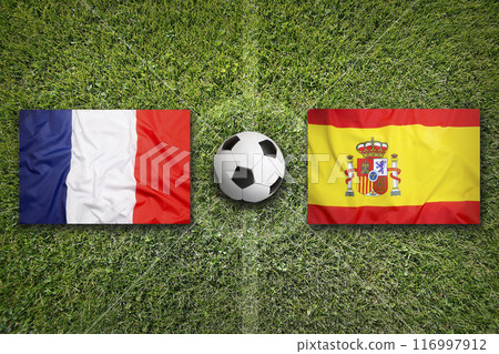 France vs. Spain flags on soccer field 116997912