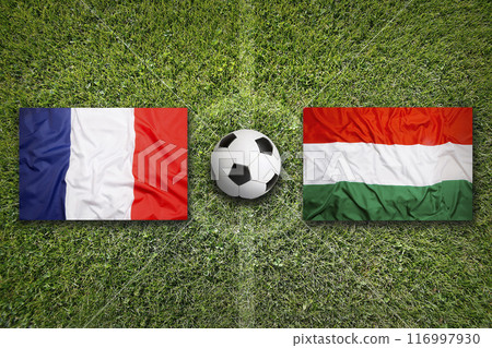 France vs. Hungary flags on soccer field France vs. Hungary flags on soccer field 116997930