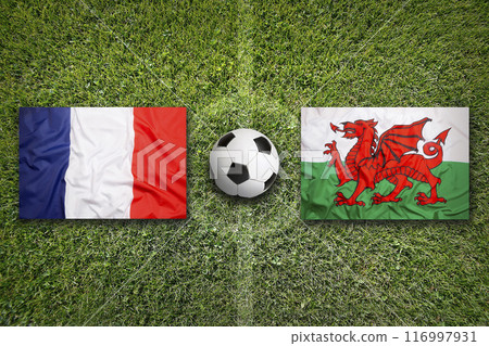 France vs. Wales flags on soccer field France vs. Wales flags on soccer field 116997931