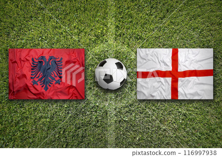 Albania vs. England flags on soccer field 116997938