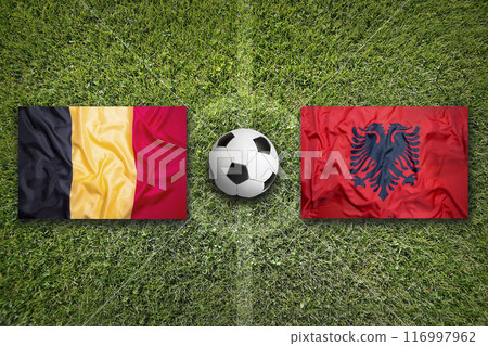 Belgium vs. Albania flags on soccer field Belgium vs. Albania flags on soccer field 116997962