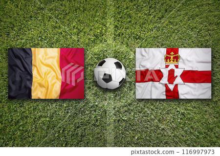 Belgium vs. Northern Ireland flags on soccer field 116997973