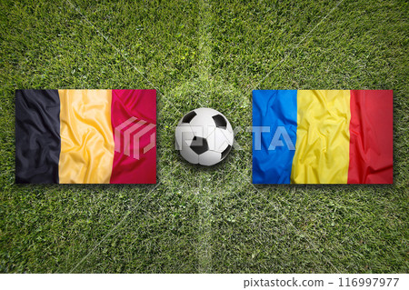 Belgium vs. Romania flags on soccer field Belgium vs. Romania flags on soccer field 116997977