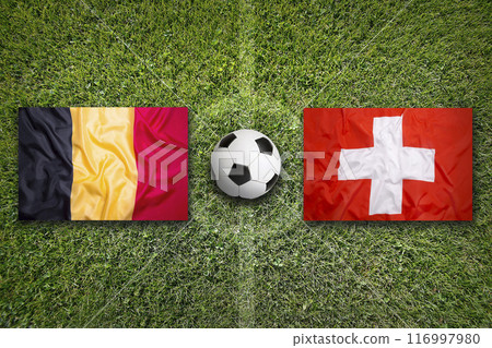 Belgium vs. Switzerland flags on soccer field Belgium vs. Switzerland flags on soccer field 116997980