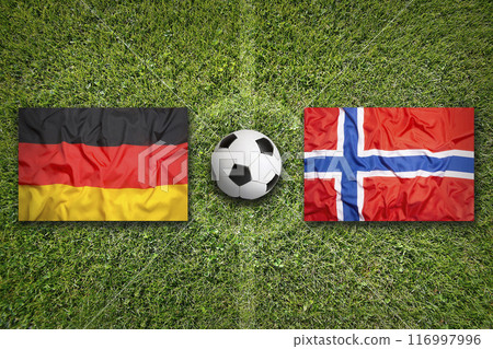 Germany vs. Norway flags on soccer field 116997996
