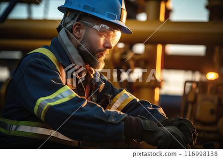 Ocean Sunset Restoration Skilled Technician Implements Preventive Measures on Offshore Oil Platform with Ample Copy Space. created with Generative AI 116998138