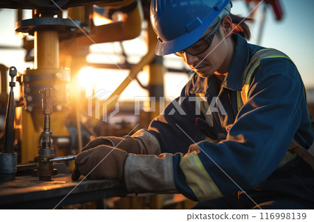 Ocean Sunset Restoration Skilled Technician Implements Preventive Measures on Offshore Oil Platform with Ample Copy Space. created with Generative AI 116998139