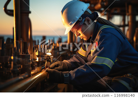 Ocean Sunset Restoration Skilled Technician Implements Preventive Measures on Offshore Oil Platform with Ample Copy Space. created with Generative AI 116998140