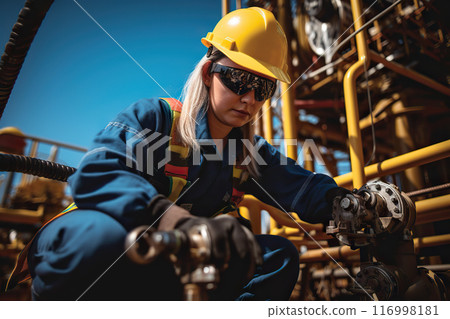 Oceanic Oil Platform Upgrade Skilled Worker Enhances Infrastructure on a Sunny Day. created with Generative AI 116998181