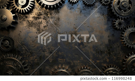 A collection of weathered gears of various sizes adorns a grunge metal surface, creating an industrial steampunk background. 116998248