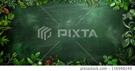 A blank chalkboard framed by a variety of lush, green leaves and red berries evokes a sense of nature and education. 116998249