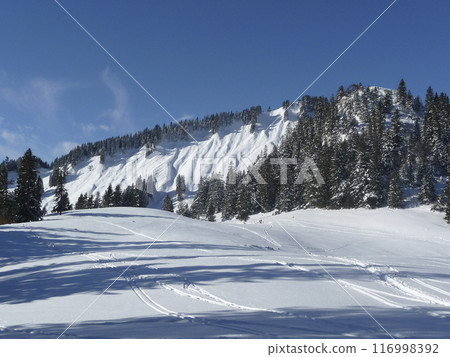 Mountain hiking at Brecherspitze mountain, Bavaria, Germany in wintertime 116998392