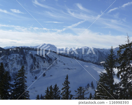 Mountain hiking at Brecherspitze mountain, Bavaria, Germany in wintertime 116998393