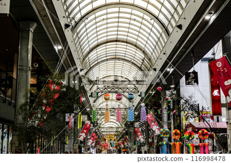 Preparation of local Tanabata decorations at Sakanamachi Arcade in Morioka City, Iwate Prefecture 116998478
