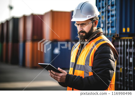 Efficient Logistics Oversight Foreman in PPE Utilizing Real-Time Technology for Cargo Management. created with Generative AI 116998496